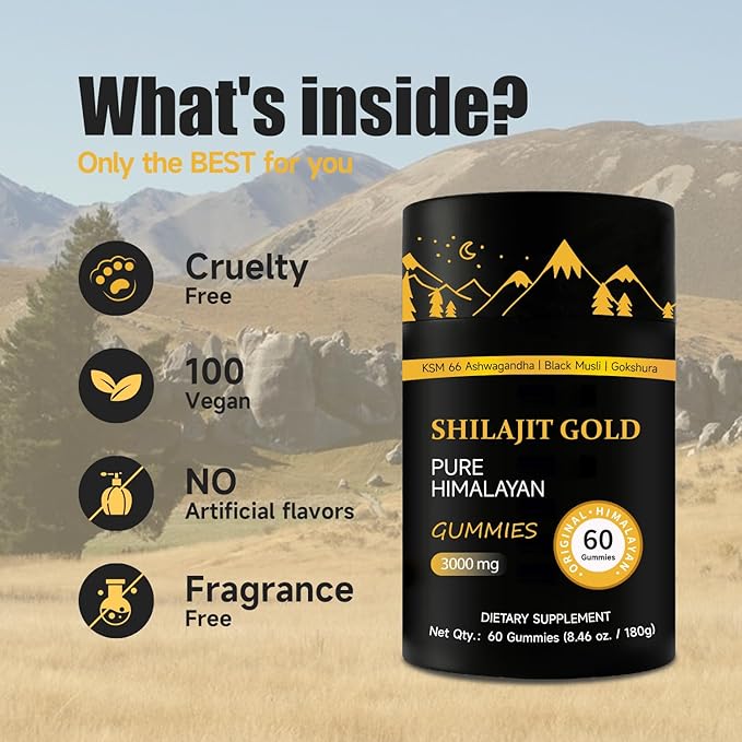 Shilajit Gummies | Pure Himalayan Shilajit Gummies Gold | Ashwagandha, Gokshura | Fulvic Acid & 85+ Trace Minerals for Men, Women | Non-GMO | Lab Tested | No Added Sugar I 60 Gummy