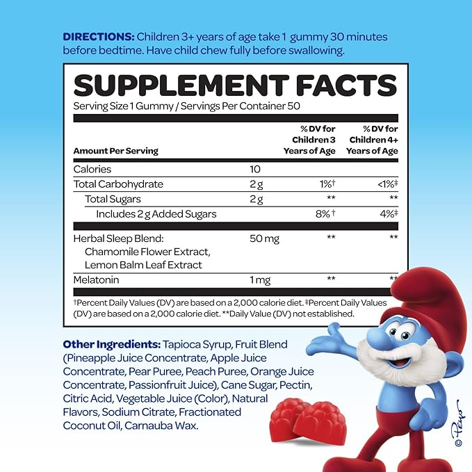 The Smurfs 1mg Melatonin Gummies for Kids with Chamomile & Lemon Balm for a Restful Sleep Age 3+ | Non-Habit Forming | Made with Real Fruit in a Smurf Berry | Doctor Developed | 50 Vegetarian Gummy