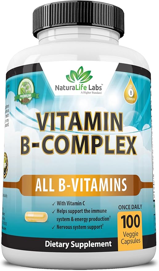 NaturaLife Labs Vitamin B Complex with Vitamin C and Folic Acid - B12, B1, B2, B3, Vitamin B5 Pantothenic Acid, B6, B7, B9 - Nervous System Support 100 Veggie Capsules