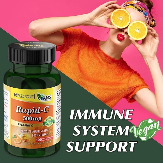 America Medic & Science Rapid-C 500mg Vitamin C Supplement (3 Pack of 100 Tablets) Energy Booster, Daily Immune System Support, Antioxidant | Vegan, Non-GMO Coated Ascorbic Acid for Adult Men & Women