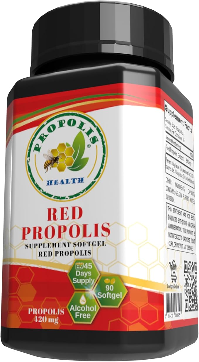 Propolis Health Red Propolis - Bee Red Propolis 90 Capsules - Alcohol-Free Original and Concentrated Pure Propolis - 45-Day Supplement - Brazilian Red Propolis - 840mg Red Propolis