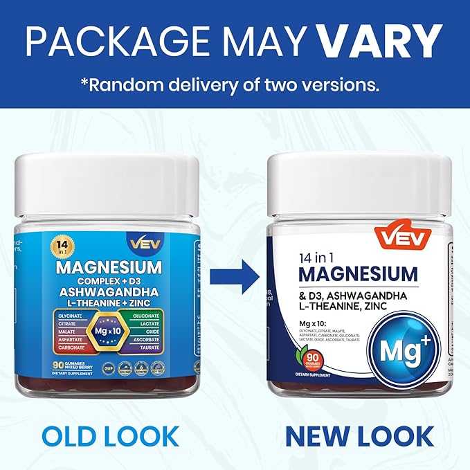 VEV Magnesium Glycinate & Citrate Gummies – Ashwagandha Gummies with D3 & Zinc – Cortisol Supplements for Women – Sugar-Free Vegan Magnesium Complex Gummies – 90 Count
