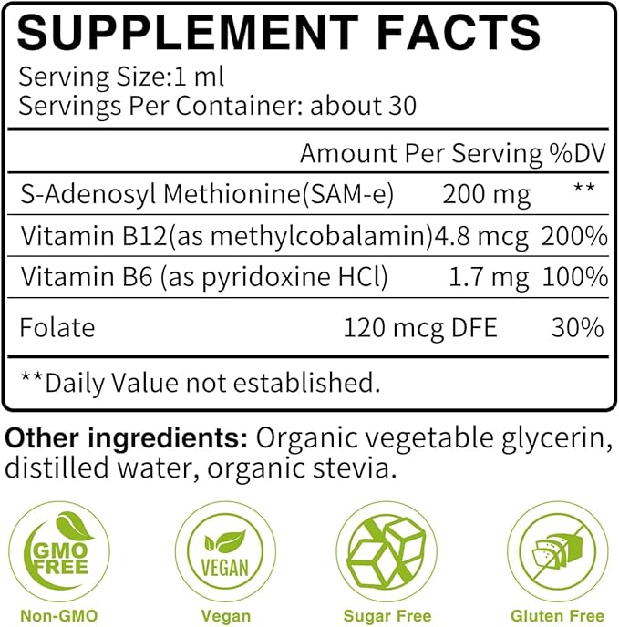 7c Sam e Liquid Supplement (S-Adenosylmethionine), Vitamin B6, B12 Added to Enhance Sam-e Effectiveness, 98% Absorption, Vegan, Non-GMO, Gluten-Free, 1 Fl Oz
