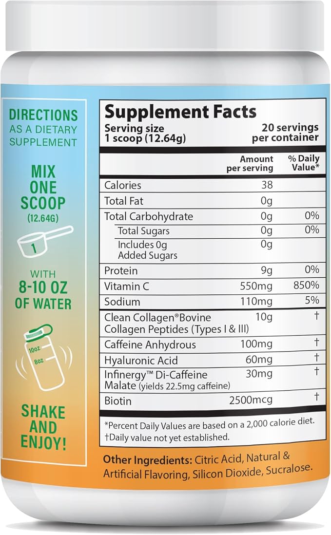 Peptide Energy Collagen Powder Hair, Nail, Skin, Type I & III,Caffeine for Energy, Vitamin C, Biotin, Hyaluronic Acid, Zero Sugar – 8.92 oz (Mango Passion)