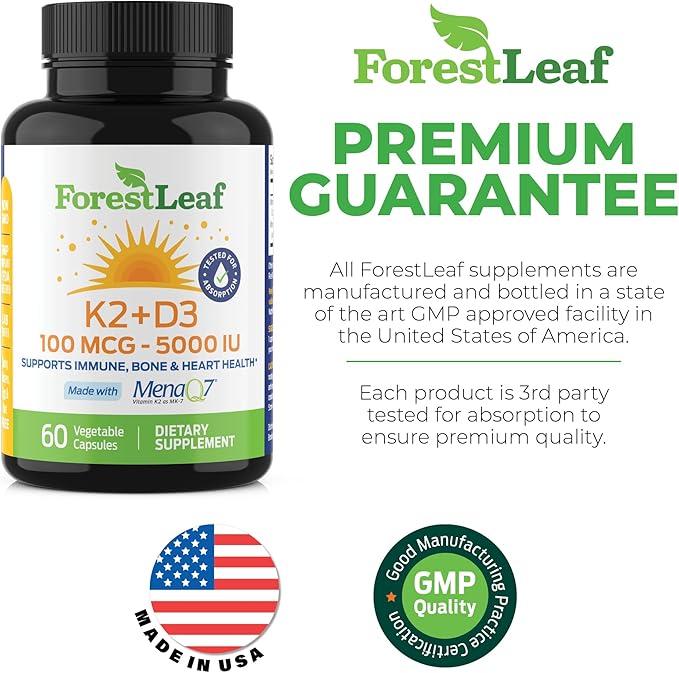 ForestLeaf Vitamin D3 + K2 (MK7) Supplement - MenaQ7 - Calcium and Vitamin D3 5000 IU Max Absorption - Teeth and Bone Strength, Heart Health, Immune System Support - 60 Veggie Capsules