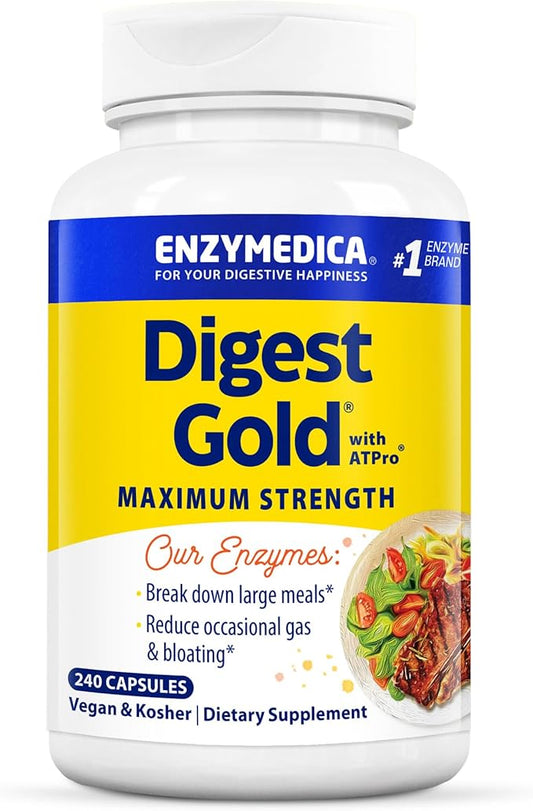 Enzymedica Digest Gold + ATPro, Maximum Strength Enzyme Formula, Prevents Bloating and Gas, 14 Key Enzymes Including Amylase, Protease, Lipase and Lactase, 240 Capsules