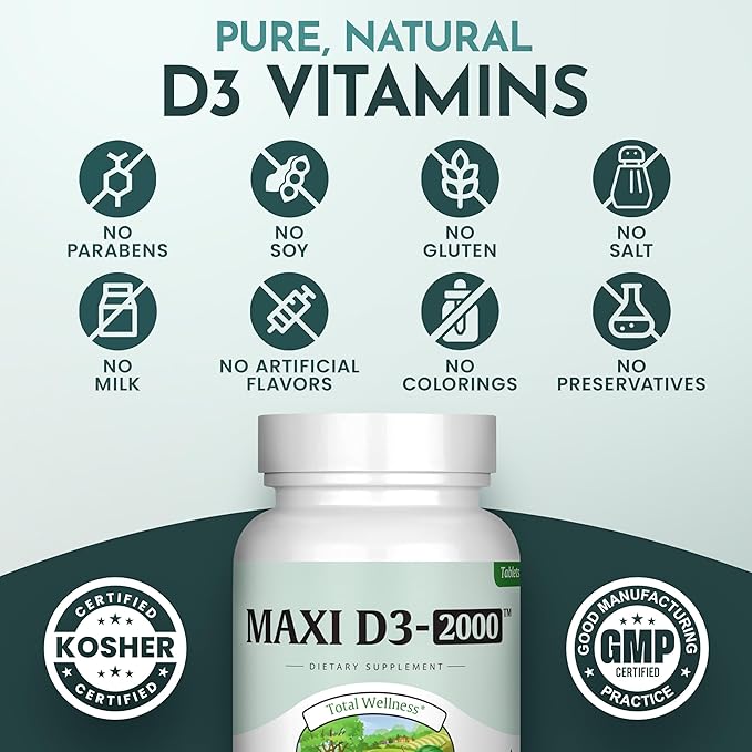 Maxi-Health Vitamin D3 2000 IU - For Healthy Muscle Function, Bone Health and Immune Support – 90 Tablets – Best Kosher Supplement For Adults