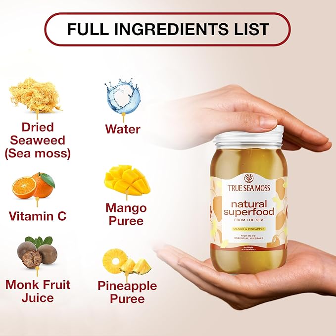 TrueSeaMoss Sea Moss Gel – Made in USA – Wildcrafted Seamoss, Fresh Fruits & Sea Vegetables – Mango/Pineapple, Pack of 2 (Labels may Vary)