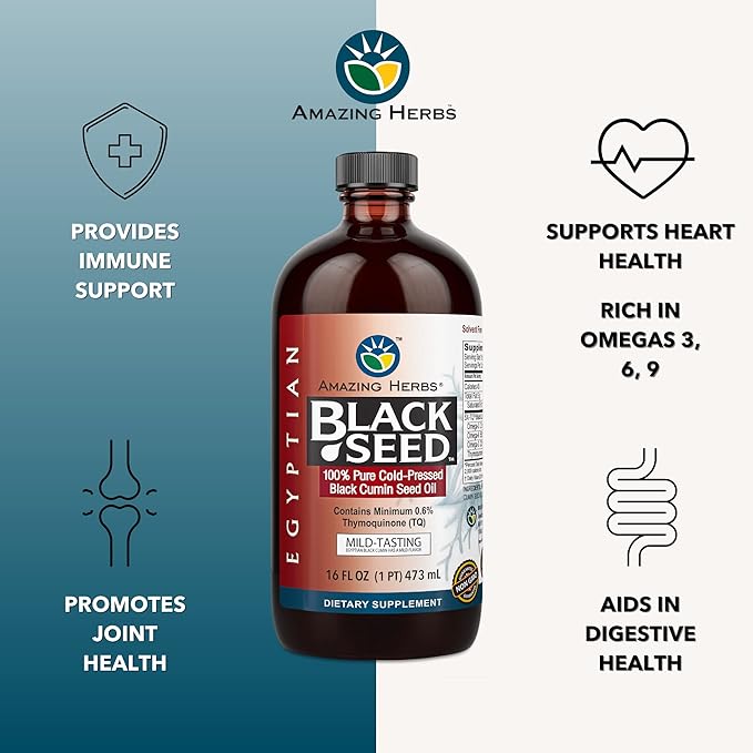Amazing Herbs Egyptian Black Seed Oil - Gluten Free, Non GMO, Cold Pressed Nigella Sativa Aids in Digestive Health, Immune Support, Brain Function, Mild Flavor - 16 Fl Oz