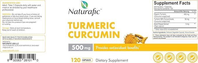 Turmeric Curcumin with Piperine Capsules - 500mg per Capsule,120 Count - Supplement with Black Pepper for Enhanced Absorption Non-GMO, Gluten-Free
