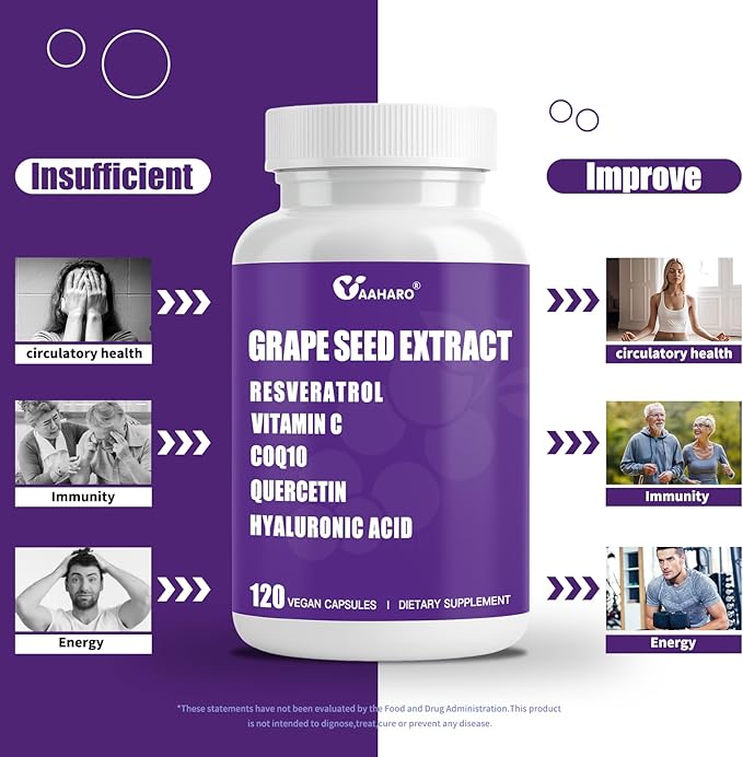 Grape Seed Extract Capsules - 400mg Grape Seed Extract Organic Supplements with Vitamin C, Resveratrol, Quercetin, CoQ10 & Hyaluronic Acid for Women & Men - 120 Capsules, 60 Days Supply
