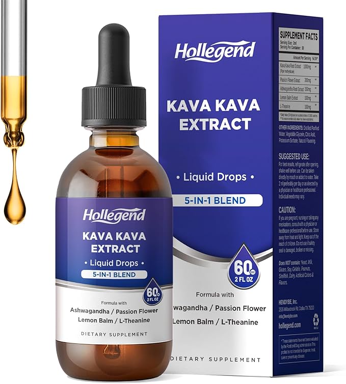 Kava Kava Root Extract Liquid Drops, 5 in 1 Blend with Ashwagandha, Lemon Balm, L-Theanine, Kava Tincture Supplement for Stress Relief, Sleep, Brain Health, 2 Fl Oz