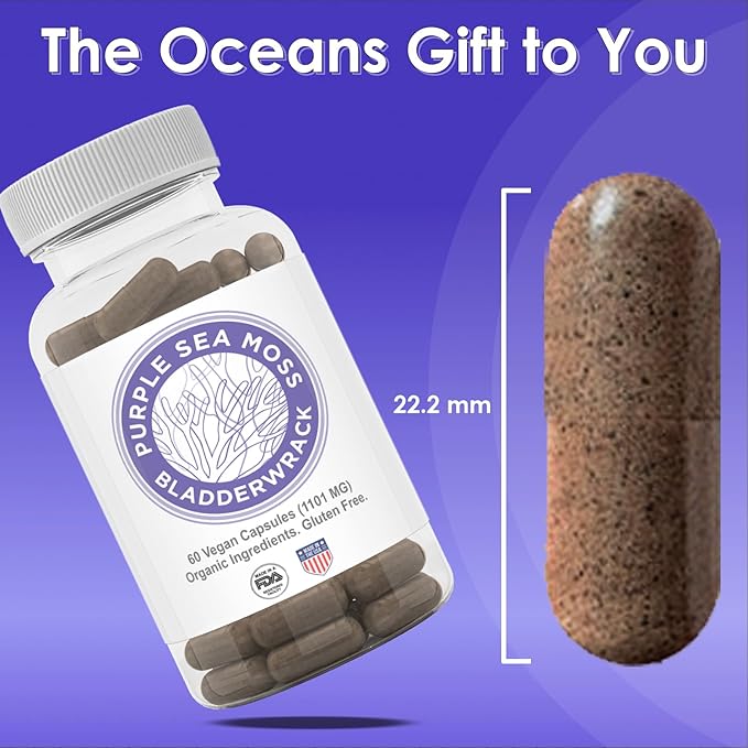 Purple Seamoss + Bladderwrack Seaweed Capsules - 2202mg Complete Nutrient Profile Dr. Sebi Inspired Wildcrafted & Wildharvested Made in The USA Rich in Minerals 60 ct