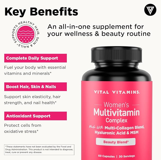 Vital Vitamins Women's Multivitamin Complex (4-Pack) - Made with Multi-Collagen Blend, Hyaluronic Acid, & MSM - Beauty Multivitamin for Women - with Vitamin A, C, E, B6, B12, D3