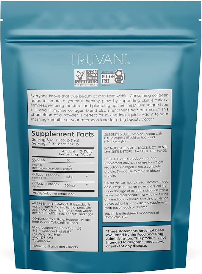TRUVANI - Wild Caught Hydrolyzed Marine Collagen Protein Powder | Collagen Protein Supplement with Type 1,2 & 3 | Anti-Skin Aging | Non-GMO | Gluten Free Fish Collagen | 6.35 OZ