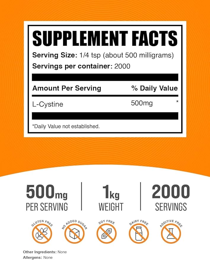 BulkSupplements.com L-Cystine Powder - L-Cystine 500mg, L-Cystine Supplement, Amino Acid Supplement - for Immune Support, Gluten Free, 500mg per Serving, 1kg (2.2 lbs) (Pack of 1)