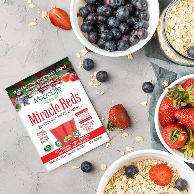 MacroLife Naturals Miracle Reds Superfood Supplement Powder Antioxidants Polyphenols Enzymes Probiotics - Raw Non-GMO Organic Vegan Gluten & Dairy Free (12 Packet)