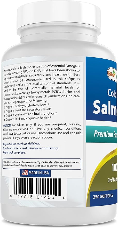 Best Naturals Salmon Oil 1000 mg 250 Softgels Manufactured in a USA Based GMP Certified and FDA Inspected Facility and Third Party Tested for Purity. Guaranteed!!