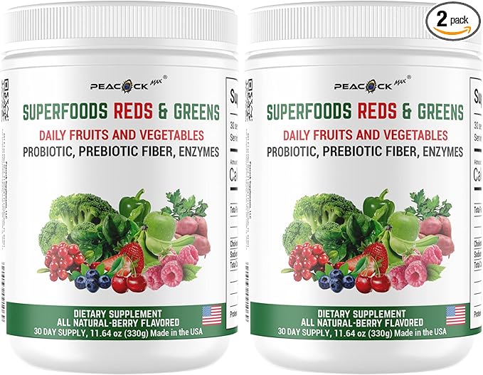Superfoods Reds and Green Organic Daily Supplement Powder Immunity Bloating + Gut Health Plant-Based Vegan Non-GMO Antioxidants Prebiotics Probiotics (25.38 Ounce (Pack of 2))