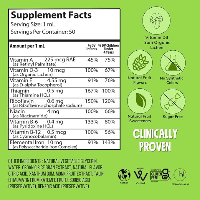 NovaFerrum Delish | Vegan Multivitamin with Iron for Infants, Toddlers & Kids | Immune Support | Organic Plant-Based D-3 | Gluten Free | Vegan Verified | Sugar Free | 1.69 Fl Oz (50 mL)