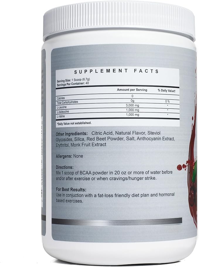 BCAA Powder Preworkout for Women - Naturally Sweetened with Stevia, Erythritol, & Monk Fruit + Delicious Recipe Guide PDF | 3:1:1 Ratio of Amino Acids | 40 Servings (Cherry Lime)