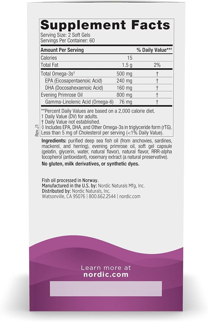 Nordic Naturals Omega Woman, Lemon - 120 Soft Gels - 500 mg Omega-3 + 800 mg Evening Primrose Oil - Healthy Skin & Optimal Wellness - Non-GMO - 60 Servings