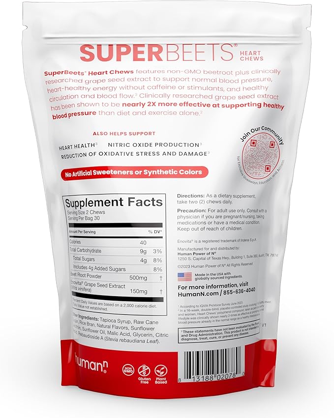 humanN SuperBeets Heart Chews, Nitric Oxide and Blood Pressure Support, Grape Seed Extract & Non-GMO Beet Root Powder Energy Supplement, Pomegranate Berry Flavor, 60 Count
