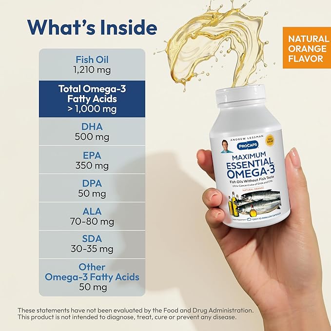 ANDREW LESSMAN Maximum Essential Omega-3 Orange - 30 Softgels - Ultra-Pure, High Potency Omega-3 Oils. High DHA, No Stomach Upset, No Contaminants, No Mercury. Small Easy to Swallow Softgels