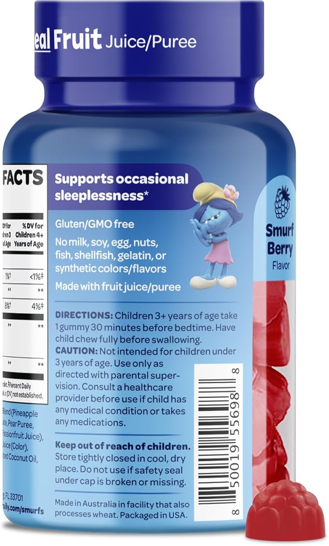 The Smurfs 1mg Melatonin Gummies for Kids with Chamomile & Lemon Balm for a Restful Sleep Age 3+ | Non-Habit Forming | Made with Real Fruit in a Smurf Berry | Doctor Developed | 50 Vegetarian Gummy