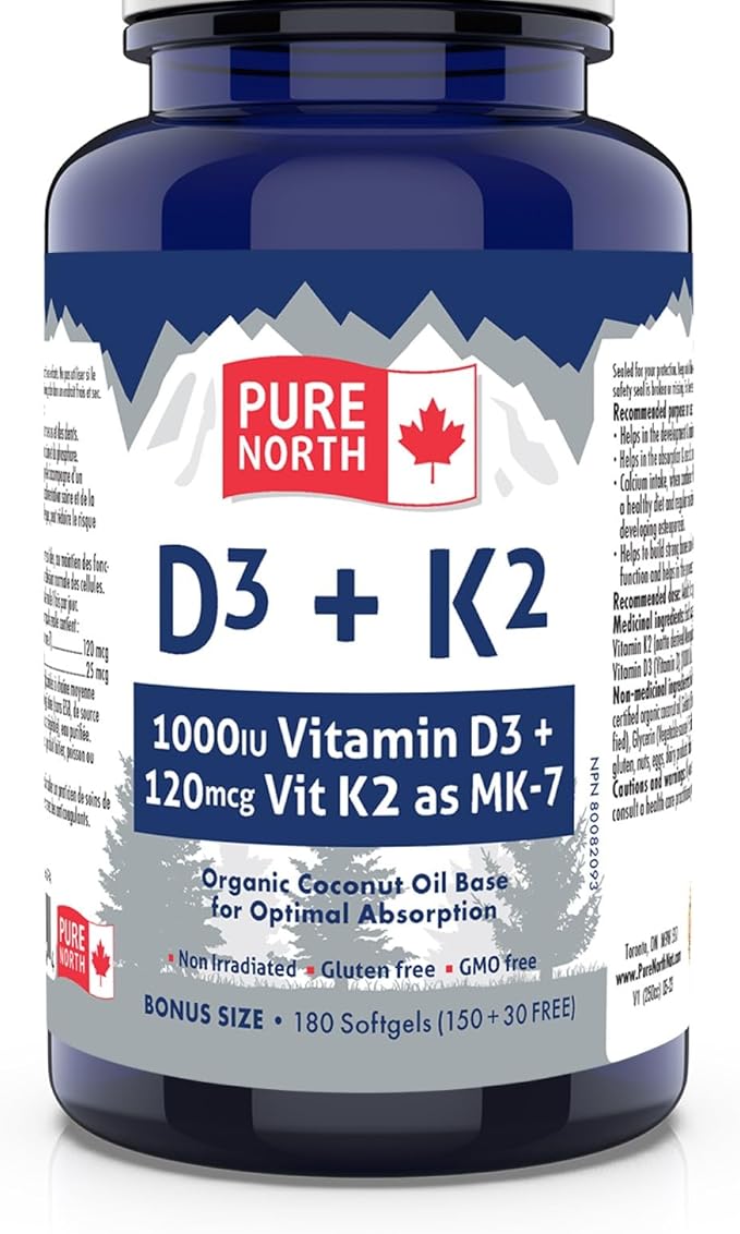 D3 + K2 Vitamin Supplement 180 Softgels - 6 Months Support, D3 1000IU + K2 MK7 120mcg with Organic Coconut Oil for Optimal Absorption - 3rd Party Tested & Proudly Canadian