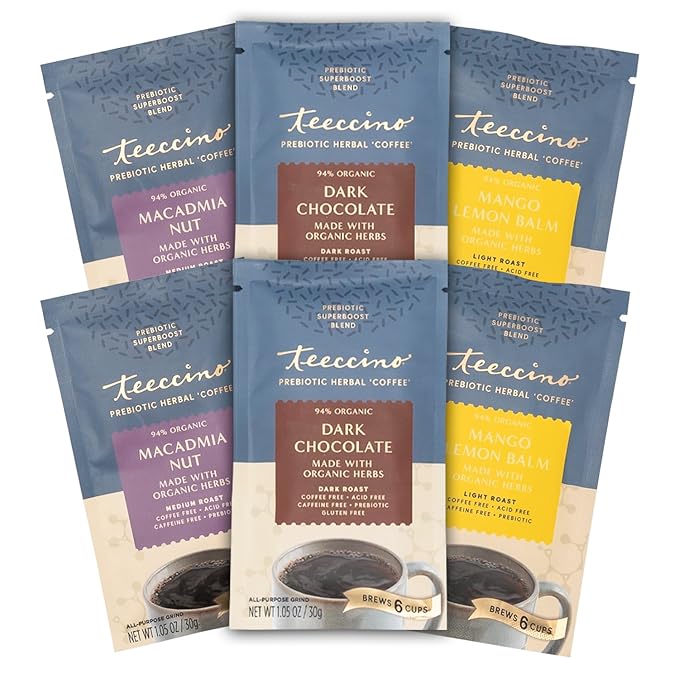 Teeccino Prebiotic SuperBoost™ Herbal Coffee Sampler - 6 Trial-Size Packets - Dark Chocolate, Mango Lemon Balm, Macadamia Nut - Prebiotic, Caffeine-Free, Ground Coffee Alternatives for Good Gut Health