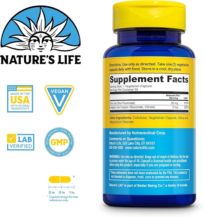 Nature's Life Zinc Picolinate 30mg Plus 2mg of Copper - Chelated Zinc Supplement for Immune, Cardiovascular, Skin, Cellular Function, and Muscle Support - 60-Day Guarantee - 50 Servings, 50 Capsules
