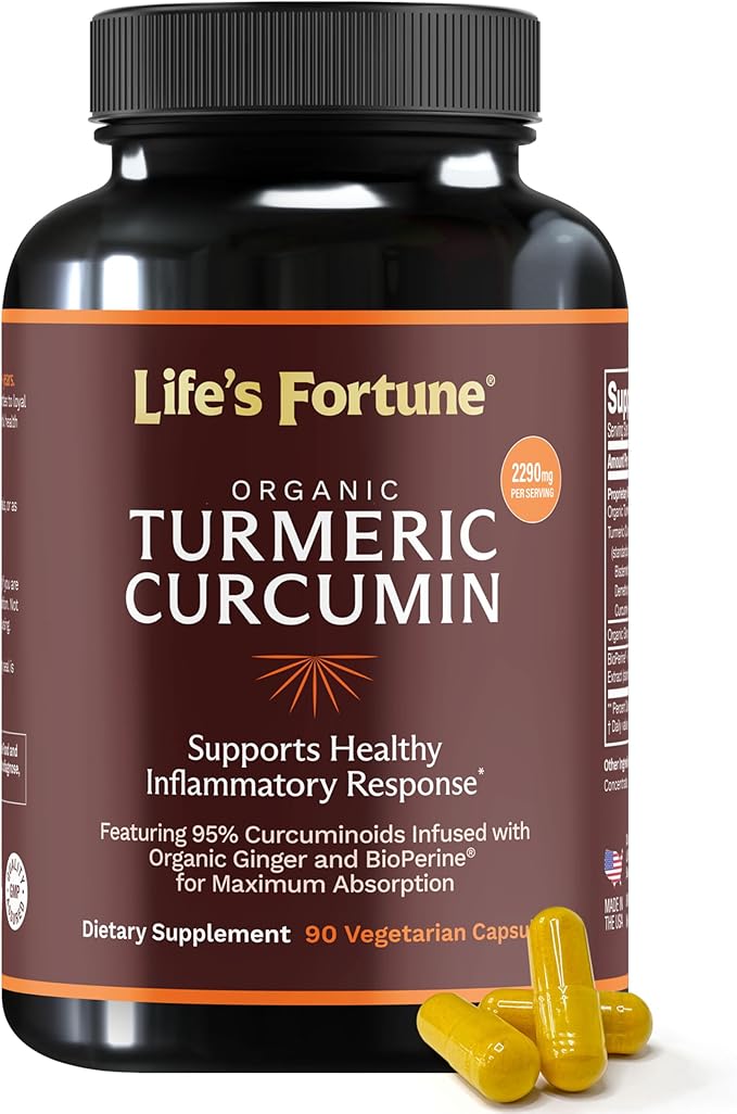 Life's Fortune Organic Turmeric Curcumin with Black Pepper and Ginger, Enhanced Absorption, Extra Strength Supplement, Joint & Immune Support, Non-GMO, 90 Cap - 2250mg