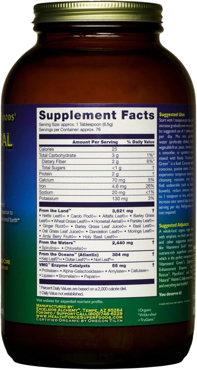 HealthForce SuperFoods Vitamineral Green - Mineral Supplement for Immune & Thyroid Support - Green Powder Supplement with Ingredients from The Land - Gluten-Free & Vegan - 500 Grams (Pack of 2)