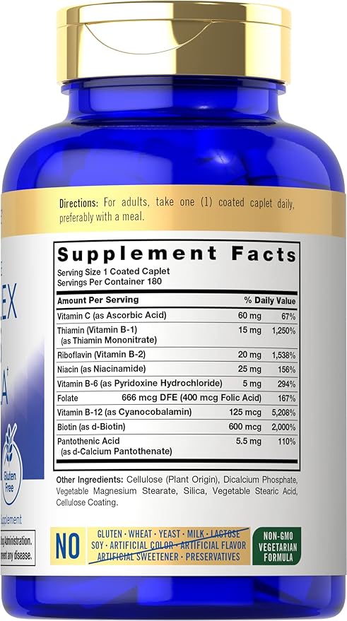 Carlyle Stress B-Complex Vitamin | 180 Vegetarian Caplets | with Vitamin C | Non-GMO & Gluten Free Supplement