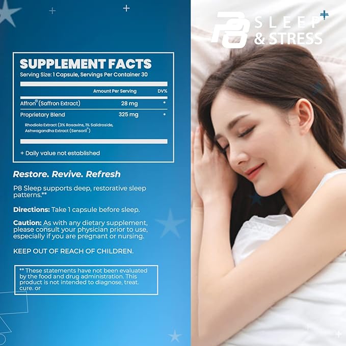Sleep & Stress Supplement - with Affron® Spanish Saffron Extract, Ashwagandha, & Rhodiola Rosea - Improved Sleep- 30 Capsules