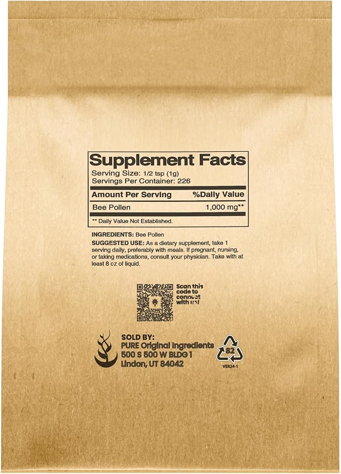 PURE ORIGINAL INGREDIENTS Bee Pollen, 8 oz, No fillers, Undiluted Supplement