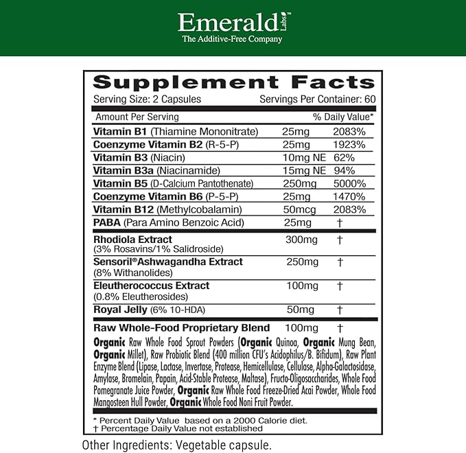 EMERALD LABS Adrenal Health - Stress Relief, Energy Support & Restorative Sleep with Sensoril Ashwagandha, B Vitamins, Rhodiola & More* - Gluten-Free - 120 Vegetable Capsules (60-Day Supply)