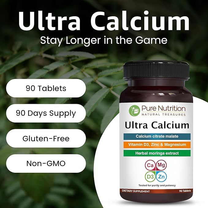 Pure Nutrition Ultra Calcium 1000mg with VIT D3 + K2 | 90 Tab | Highly absorbable Calcium Supplement with Calcium Citrate Malate, VIT D3, K2, Moringa Oleifera, Magnesium and Zinc.