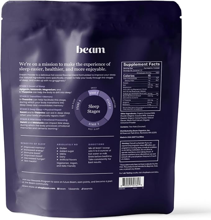 Beam Dream Sleep Powder, Natural Sleep Aid and Magnesium Hot Cocoa Drink for Adults, Calming Sleep Supplement with Apigenin, Nighttime Sleep Drink Powder, Third Party Tested Supplement, 22 Servings