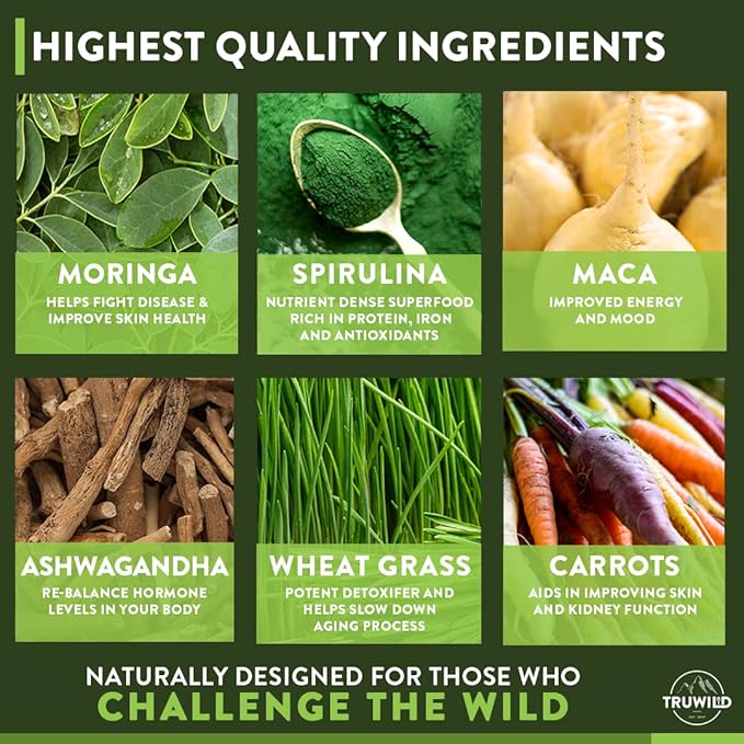 TruWild Greens Superfood Juice Powder, with 22+ Greens & Anti-Oxidants, Delicious Green Juice Powder, Natural Immune, Stress, Digestion Support, 30 Servings Per Tub (Cucumber Mint)