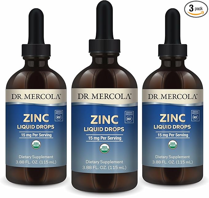 Dr. Mercola Zinc Liquid Drops - Supports Immune & Organ Health - 15 mg Organic Zinc Liquid Drops - USDA Organic - NSF Certified - Non-GMO, Gluten-Free & Soy-Free - 3.88 fl oz (3 Pack)