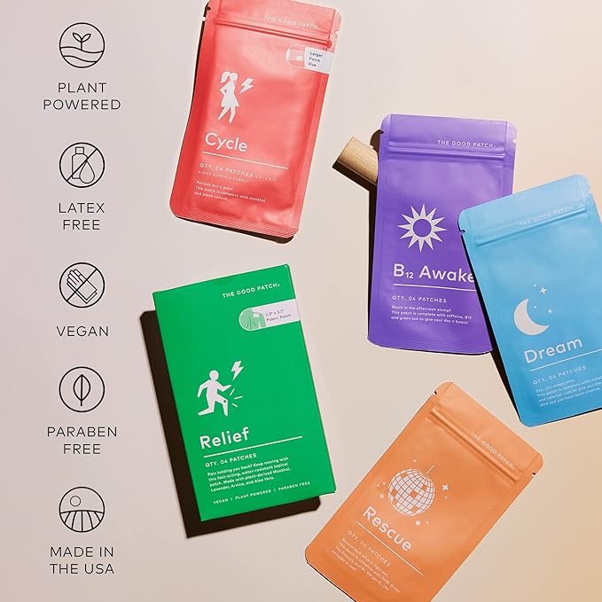The Good Patch All The Plant Patches Mixed Bundle. Perfect for Life's Untimely, Yet Common Ailments. 5 Varieties: B12 Awake, Dream, Rescue, Cycle, Relief (20 Total Patches)