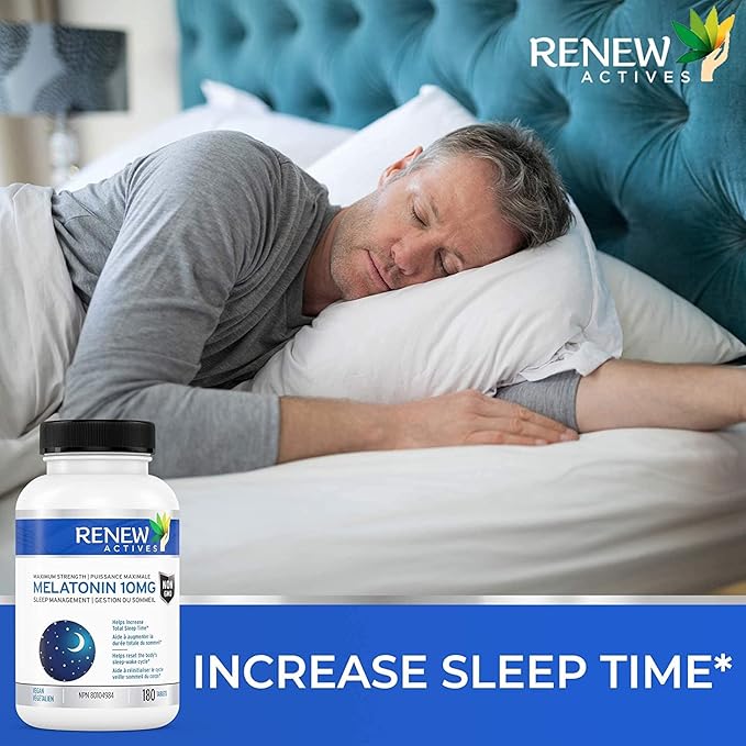 Renew Actives Melatonin 10mg per Serving – Promotes a Deeper, Longer & Ideal for Sleep Management, Jet Lag & to Reset Your Sleep Cycle - Made in Canada - 180 Tablets