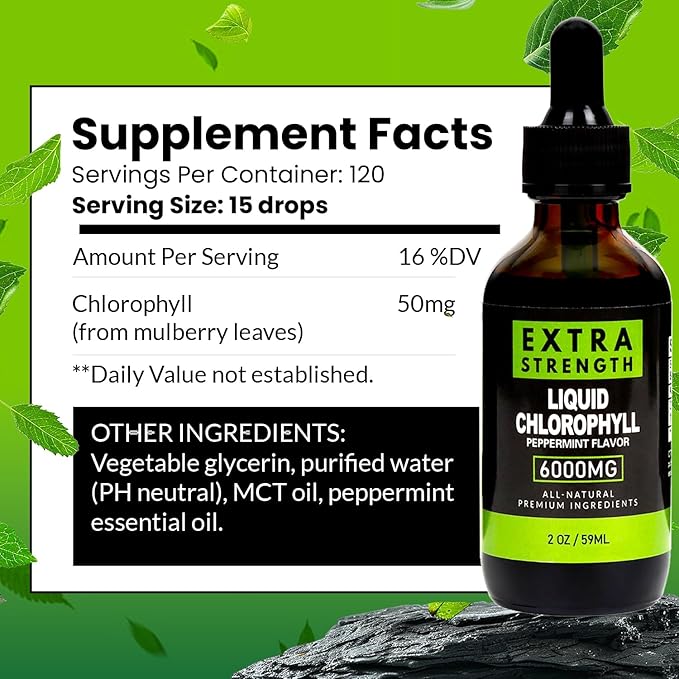 BUIE Liquid Chlorophyll Drops 6000mg | Peppermint Flavor | Vegan Supplement | Supports Immune System, Improves Cellular Energy | Extra Strength | 2 oz / 59ml