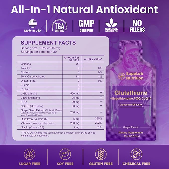 Liposomal Glutathione Supplement – 500mg Glutathione with PQQ, CoQ10 & Vitamin C – High Absorption Antioxidant for Immune & Energy Support – Grape Flavor, 30 Packets