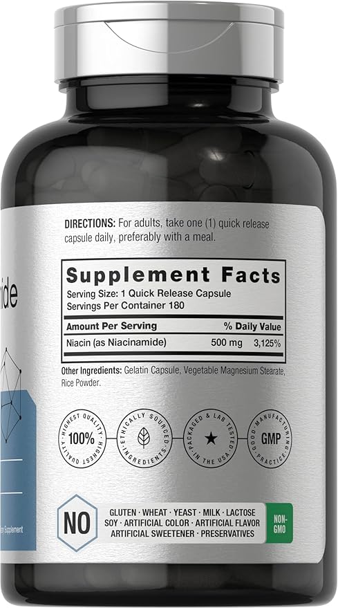 Horbäach Nicotinamide 500mg | 180 Capsules | Flush Free Dietary Supplement | Non-GMO and Gluten Free Vitamin