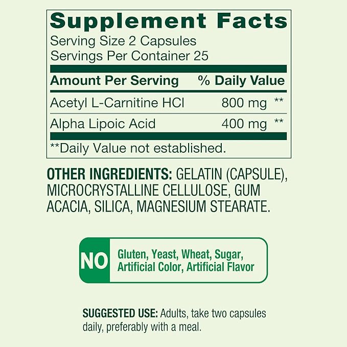 Spring Valley Acetyl L-Carnitine HCI 400 mg + Alpha Lipoic Acid 200 mg Capsules, 50 Count (Pack of 1)