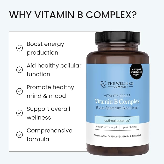 The Wellness Company Vitamin B Complex | 30 Capsules (1 Month Supply) | with B1, B2, B3, B5, B6, B7, B9, B12, and Inositol | Non-GMO, Gluten-Free | Supports Energy Production and Metabolic Health