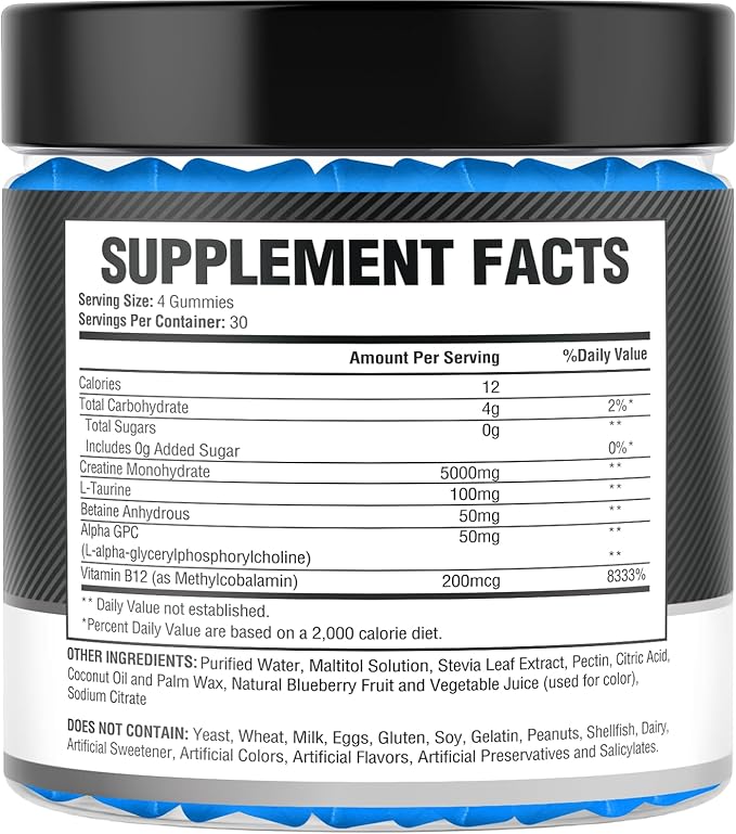 Creatine Monohydrate Gummies 5g (5000mg) for Men & Women - Sugar-Free Creatine Pre Workout Chews For Energy Boost, Creatine Supplement For Building Muscle and Strength, Vegan, 120 Gummies, 30 Servings